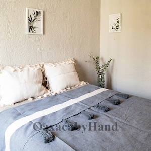 Oaxaca Bedspread - Mexican Bedcover - Handmade Bedspread - Mexican Bedspread - Handwoven Bedspread - Pom pom blanket