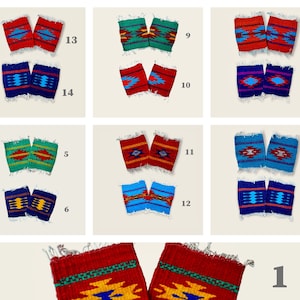 May include: A collection of woven wristbands in various colors and patterns. Each pair features a rectangular shape with fringed edges and geometric designs in red, blue, green, and yellow. The wristbands are displayed on a neutral background.