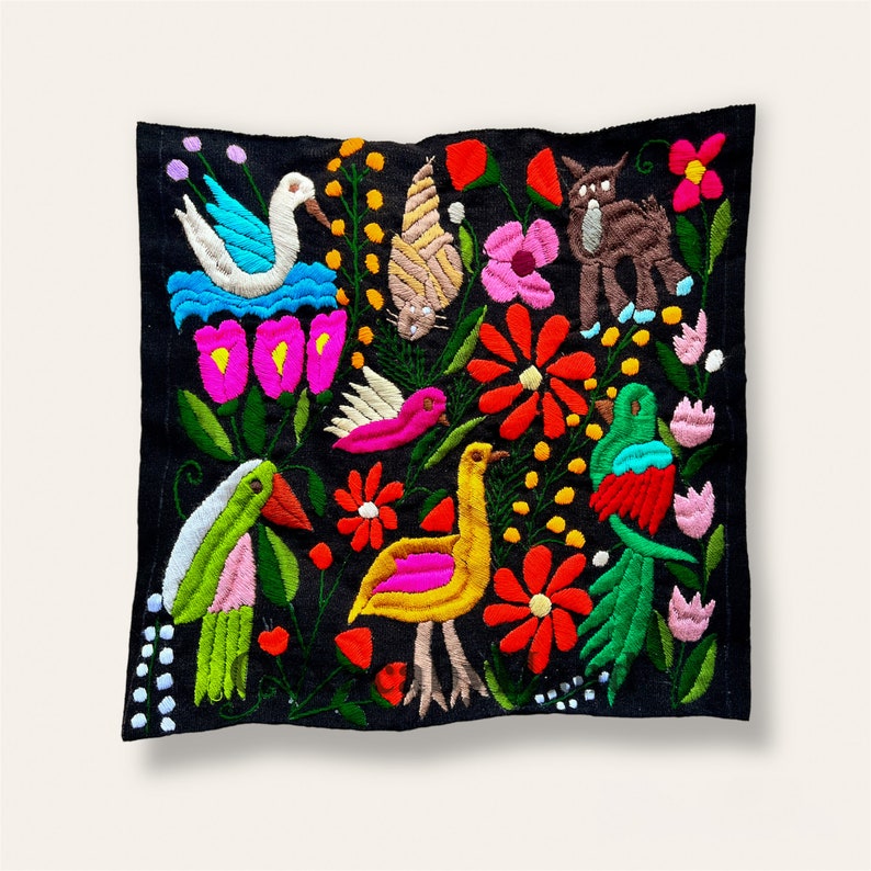 K&ouml;nnte beinhalten: Schwarzes quadratisches Kissen mit farbenfrohen Stickereien von V&ouml;geln, Blumen und Tieren. Die Stickerei weist leuchtende Farben wie Rot, Rosa, Gelb, Gr&uuml;n und Blau auf. Das Kissen hat ein detailliertes, handgefertigtes Aussehen.