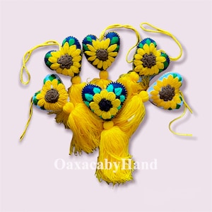 Heart Pom pom - Mexican Pom pom - Sunflower - Colorful Pom Pom Heart Tassel - Hand embroidered heart tassel