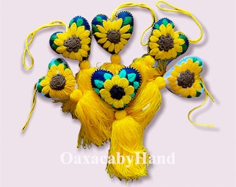 Heart Pom pom - Mexican Pom pom - Sunflower - Colorful Pom Pom Heart Tassel - Hand embroidered heart tassel