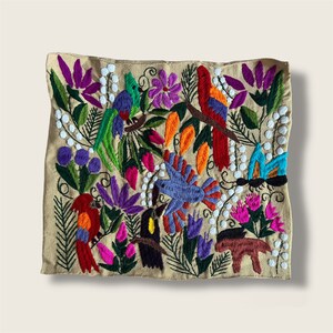 K&ouml;nnte beinhalten: Quadratischer, beigefarbener Kissenbezug mit farbenfrohen Stickereien von V&ouml;geln, Blumen und Bl&auml;ttern. Das Design zeigt Papageien, Schmetterlinge und andere V&ouml;gel in Rot, Blau, Gr&uuml;n und Lila. Der Kissenbezug hat ein detailliertes, handwerkliches Aussehen.