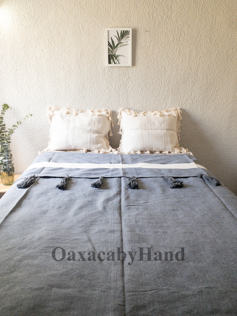 Oaxaca Bedspread Mexican Bedcover Handmade Bedspread Mexican Bedspread Handwoven Bedspread Pom pom blanket image 5
