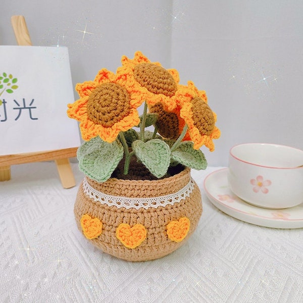 Planta en maceta de girasol de ganchillo, decoración de flores de ganchillo, decoración de coche de flores tejida