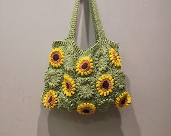 Crochet Sunflower Shoulder Bag Handmade Sunflower Tote Bag Crochet Floral Tote Bag