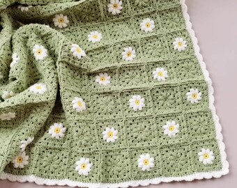 Green Daisy Crochet Blanket Handmade Floral Blanket Daisy Sofa Blanket