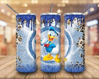 Ddisney Donald Duck 20oz Skinny Tumbler Sublimation Glitter Dripping Leopard Skin Cartoon Mickey Donald Tumbler Ddisney Gift For Donald Love