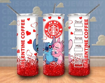 Ddisney Stitch 20oz Skinny Tumbler Sublimation Valentine Gradient Glitter Cartoon Angel Kisses Stitch Tumbler Gift For Stitch Lovers Girls