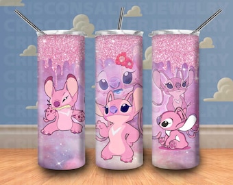 Ddisney Stitch Angel Gobelet skinny 20 oz Sublimation Space Galaxy Glitter dégoulinant de Disneyy Cartoon Stitch Tumbler Cadeau pour les amateurs de point