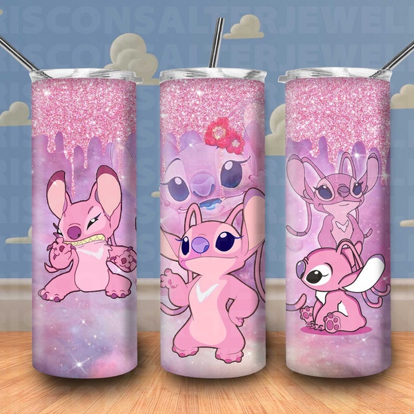 Ddisney Stitch Angel 20oz Skinny Tumbler Sublimation Space Galaxy Glitter Dripping Disneyy Cartoon Stitch Tumbler Gift For Stitch Lovers