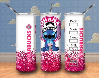 Ddisney Stitch 20oz Skinny Tumbler Sublimation Pink Glitter Stitch Tumbler Cartoon Coffee Sstarbucks Tumbler Gift For Ddisney Stitch Lovers