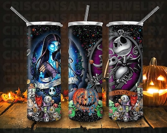 Ddisney Jack Skellington And Sally 20oz Skinny Tumbler Sublimation Disneyy Halloween Cartoon Tumbler Gift For Ddisney Halloween Lovers