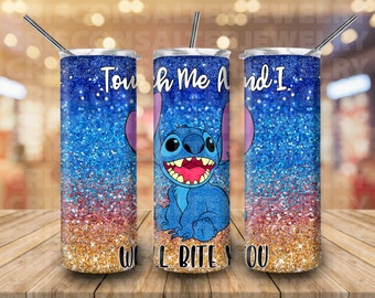 Ddisney Stitch 20oz Skinny Tumbler Sublimation Stitch Touch Me And I Will Bite You Glitter Cartoon Stitch Tumbler Gift For Stitch Lovers