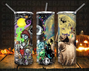 Ddisney Jack Skellington And Sally 20oz Skinny Tumbler Sublimation Disneyy Halloween Cartoon Tumbler Gift For Ddisney Halloween Lovers