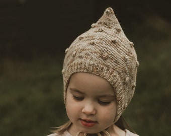 Naturally Hand Dyed Popcorn Baby Pixie Bonnet, 100% Merino Wool, Knitted Hat, Baby Shower Gift, For Girl Or Boy, Photo Props, Made To Order