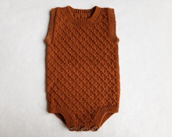 6-12 Months • Stars Baby Romper, Ready To Ship, 100% Merino, Rust Knitted Baby Outfit, Photo Props, Baby Gift Idea