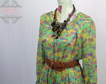 Vintage Green Sheer Chiffon Beach Cover Up Dress Size M/L