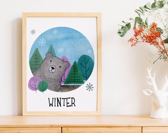 Winter Bear | A4 | Nursury wall art Dutch or English | four seasons art print | forest winter card | bedroom decoration | babyshower