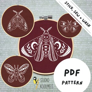 May include: Three embroidery hoop patterns featuring white moth designs on a maroon background. The designs include a moth with a skull, a moth with crescent moons, and a moth with a geometric pattern. The text "STICK, SEW + WASH" is in the top right corner and "PDF PATTERN" is in the bottom right corner.
