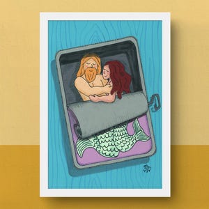 Miłość w puszkach | Tajemnicza miłość Merman i Mermaid | Wydrukowana kopia oryginalnego kolażu sztuki papierowej