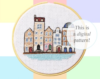 Wzór haftu krzyżykowego „Domy nad kanałami Amsterdam” w formacie PDF | 10 cm / 4 cale | natychmiastowe pobranie cyfrowe | Holenderska sztuka pikselowa