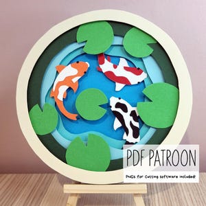 May include: A circular paper art piece depicting koi carp in a pond with lily pads. The fish are orange, red, and black with white patterns. The pond has blue and green layers, and the frame is cream. Text on the image reads "PDF PATROON".