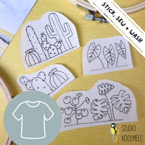 May include: Four fabric patches with black line drawings of cacti and tropical plants, along with a t-shirt graphic. The text "STICK, SEW + WASH" is displayed on a diagonal banner. The Studio Koolmees logo is in the lower right corner.