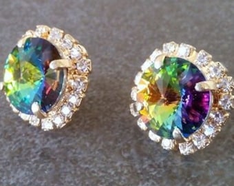 Mystic Topaz Studs, Sparkly earrings, Crystals studs, gold post earrings, swarovski earrings, gold earrings, wedding gift