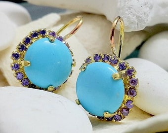 Swarovski earrings, Turquoise gold earrings, vintage earrings, Blue earrings ,gemstone earrings, wedding earrings