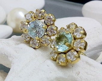 Aquamarine  studs, Bridal jewelry, Crystals posts earrings, Bridal earrings, gold studs blue Swarovski earrings, Prong posts