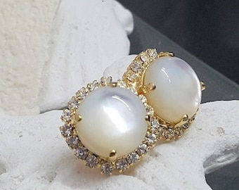 Shell pearl earrings, gold filled studs, gemstone post earrings, mother of pearl studs, real shell jewelry, wedding gift