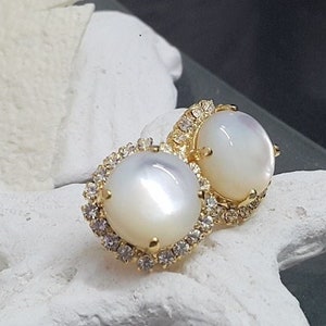 Shell pearl earrings, gold filled studs, gemstone post earrings, mother of pearl studs, real shell jewelry, wedding gift image 1