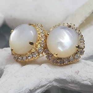 Shell pearl earrings, gold filled studs, gemstone post earrings, mother of pearl studs, real shell jewelry, wedding gift image 3