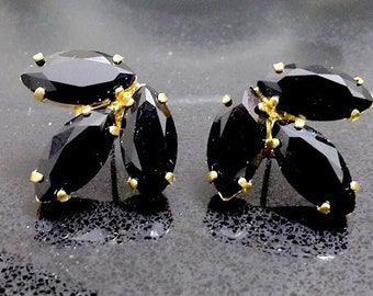Black Earrings, Swarovski earrings, Gold stud earrings, Onyx studs, Gift for woman, Black stud earrings