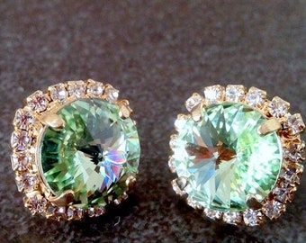 Green Amethyst Swarovski Crystal Stud Earrings, 14k Gold Filled