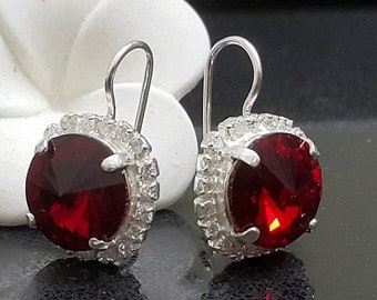 Ruby Red earrings,  Ruby Swarovski Dangle earrings, Bridesmaids jewelry, Wedding jewelry, Gift for her, Sterling silver earrings