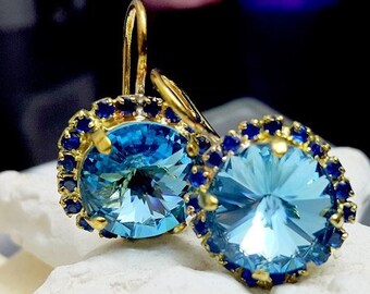 Swarovski Crystal earrings, Blue Topaz earrings, Gift for her, Gold earrings, Blue sapphire halo earrings