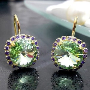 Green Amethyst earrings, Swarovski crystal earrings, gold earrings, Bridesmaid gift, Clear mint green stone, seafoam Rhinestone earrings