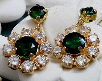 Emerald Earrings, Dangle Studs earrings, Swarovski earrings, Bridesmaids earring, Woman's stud Set