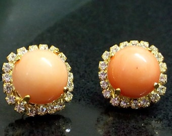 Coral Posts, Pink Peach Earrings, Gold Earrings, Swarovski earrings, Bridesmaid Earrings, Bridal Studs, Bridesmaid Gifts