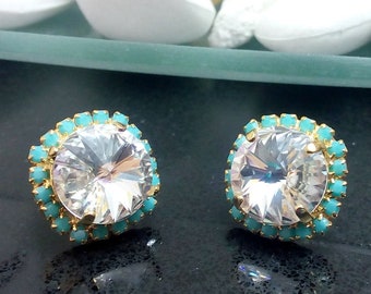 Halo earrings, Swarovski Rhinestone, Clear Jewelry,Turquoise studs, Vintage style, gold post earrings,Wedding studs