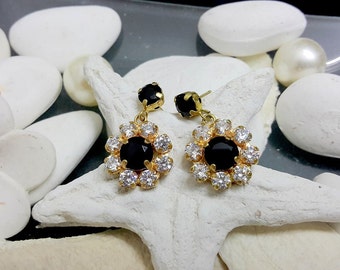 Gold Filled Onyx Stud Earrings, Swarovski Rhinestones, Gift for Woman