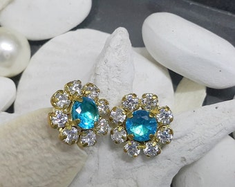 SALE! Swarovski Crystal earrings, Blue Topaz earrings, Gift for her, Gold stud earrings, December halo earrings,Wedding Earrings
