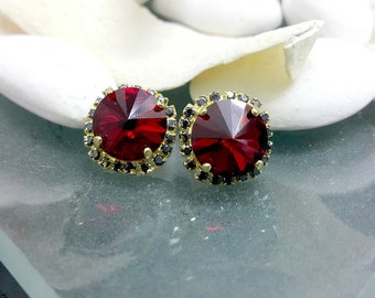 SALE! Ruby Red earrings, Onyx posts, Ruby Swarovski Studs, Bridesmaids jewelry, Wedding jewelry, Gift for her, Gold filled earrings