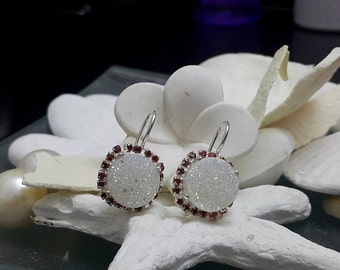 SALE! Druzy Quartz earrings, Rhinestone earrings, dangle earrings,garnet gemstone earrings,bridesmaids jewelry, sterling silver earrings