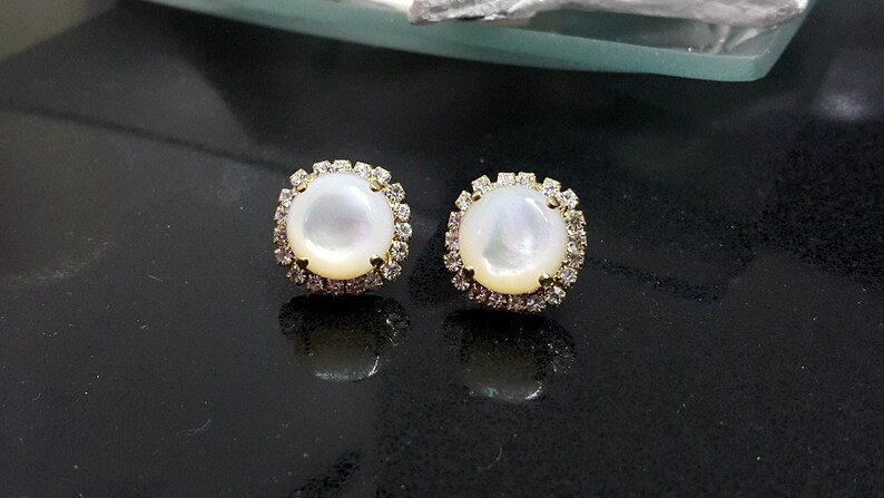 Shell pearl earrings, gold filled studs, gemstone post earrings, mother of pearl studs, real shell jewelry, wedding gift image 2