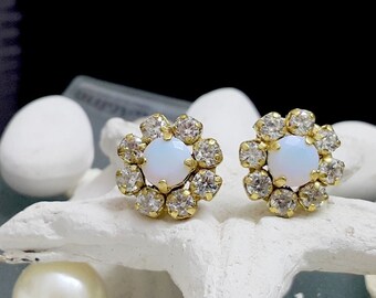 SALE!White opal studs, wedding earrings, bridal earrings,crystal Swarovski,Opalite posts, Gold Statement earrings