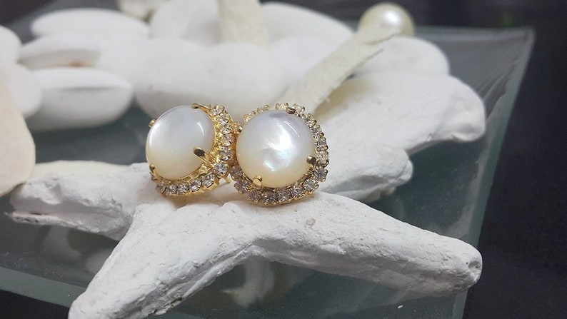 Shell pearl earrings, gold filled studs, gemstone post earrings, mother of pearl studs, real shell jewelry, wedding gift image 3