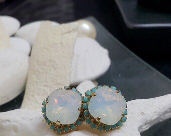 SALE!Opal Earrings, White Opal Swarovski Studs, Rounded Square Posts,Turquoise Earrings,  Opal Bridal Earrings, Gift For Her