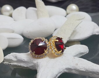 SALE! Ruby Red earrings,  Ruby Swarovski Studs, Bridesmaids jewelry, Wedding jewelry, Gift for her, Gold filled earrings